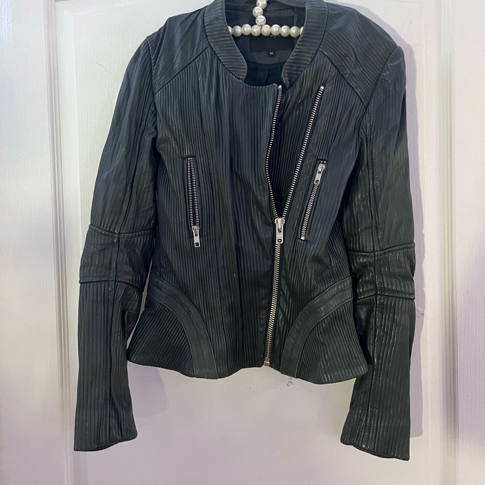 Maje real leather teal motorcycle jacket